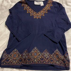 Alfred Dunner - Navy V Neck 3/4 Sleeve Top - Small